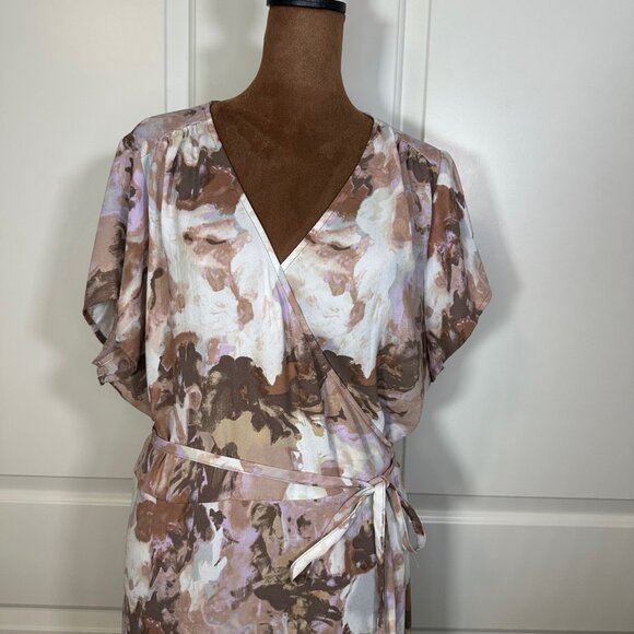 Halogen Short Sleeve Midi V-Neck Beige-Purple Wax Paint Wrap Dress XXL - Picture 4 of 16